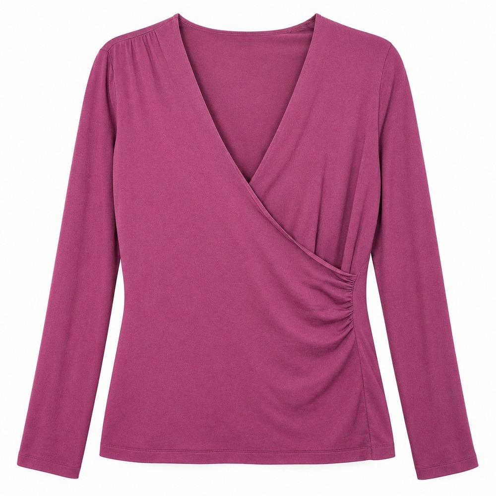 Ann Taylor Faux Wrap Top Womens XL Berry Pink V-Neck Long Sleeve Ruched Blouse